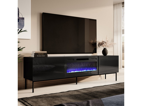 SLIDE K 200 CAMA MEBLE Тумба ТВ чорний / чорний глянець / чорні ніжки з чорним електрокаміном