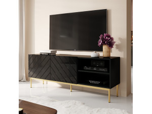 ABETO 150 CAMA MEBLE Тумба ТВ чорний / чорний глянець / золоті металеві ніжки