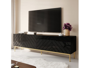 ABETO 200 CAMA MEBLE Тумба ТВ чорний / чорний глянець / золоті металеві ніжки