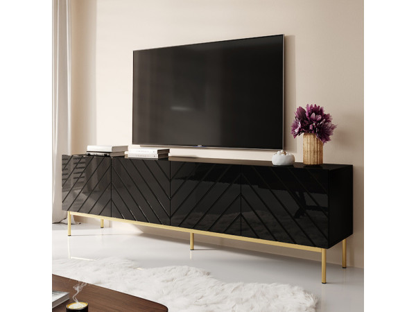 ABETO 200 CAMA MEBLE Тумба ТВ чорний / чорний глянець / золоті металеві ніжки