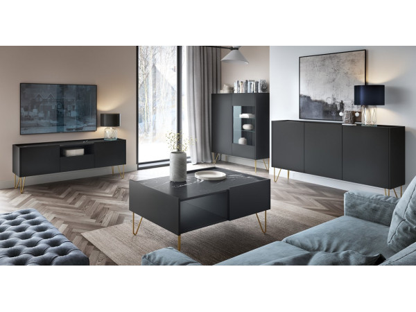 Вітрина Perfect Home Гармоні / Harmony 2-дверна з золотими ніжками WT97 Чорний/чорний мармур роял