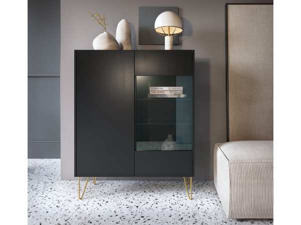 Вітрина Perfect Home Гармоні / Harmony 2-дверна з золотими ніжками WT97 Чорний/чорний мармур роял