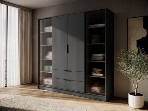 Гардеробна / шафа для одягу Perfect Home Келлі / Kelly 4DRD 4-дверна з боковими прозорими дверцятами Графіт