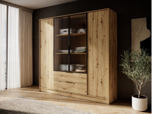 Гардеробна / шафа для одягу Perfect Home Келлі / Kelly 4DRM 4-дверна з центральними прозорими дверцятами та додатковими полицями Дуб артизан