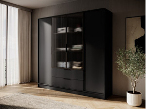 Гардеробна / шафа для одягу Perfect Home Келлі / Kelly 4DRM 4-дверна з центральними прозорими дверцятами та додатковими полицями Чорний