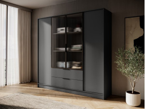 Гардеробна / шафа для одягу Perfect Home Келлі / Kelly 4DRM 4-дверна з центральними прозорими дверцятами та додатковими полицями Графіт